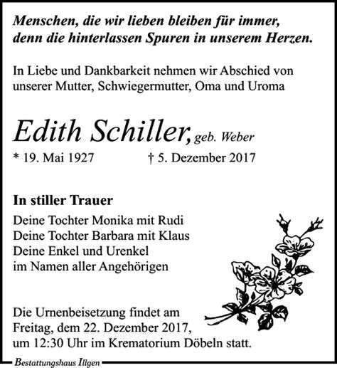 Traueranzeigen Von Edith Schiller Trauer Anzeigen De