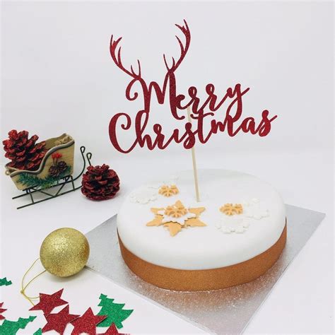 Merry Christmas Cake Topper With Reindeer Antler