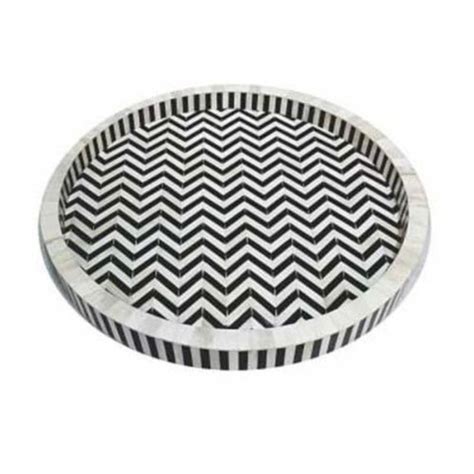 Bone Inlay Handmade Zigzag Pattern In Round Tray Black X X Cm