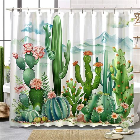 Boho Cactus Desert Landscape Shower Curtain Cartoon Style With Flowers