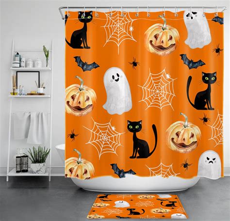 Purrfectly Spooky Halloween Shower Curtains With Haunted Pumpkin And