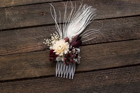 Floral Hair Comb Burgundy Ivory Mini Peacock Feather Bridal Bridesmaid