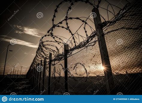 Barbed Wire Fence Surrounding Prison, Protecting Inmates from Escape ...