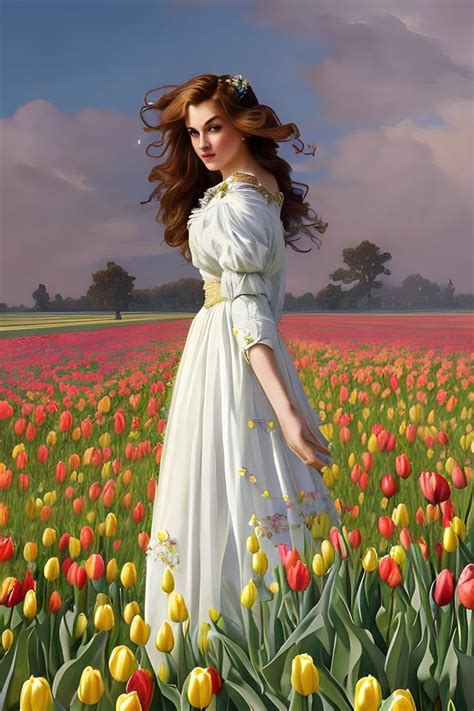 A Painting Of A Woman In A White Dress Standing In A Field Of Tulips