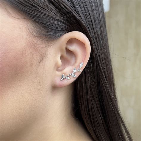 Brincos Ear Cuff Folhas Zircônias Prata 925 28mm BPR670 ZAROH