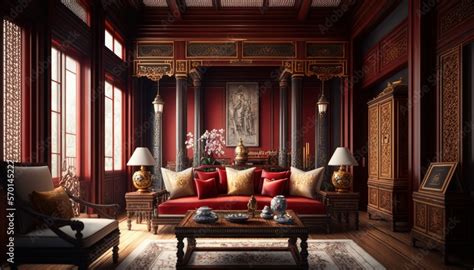 Cozy Beautiful Traditional Chinese Red And Gold Living Room Interior