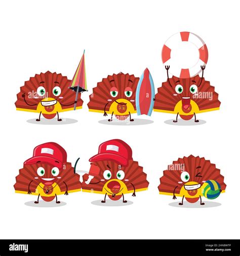 Happy Face Red Chinese Fan Cartoon Character Playing On A Beach Vector