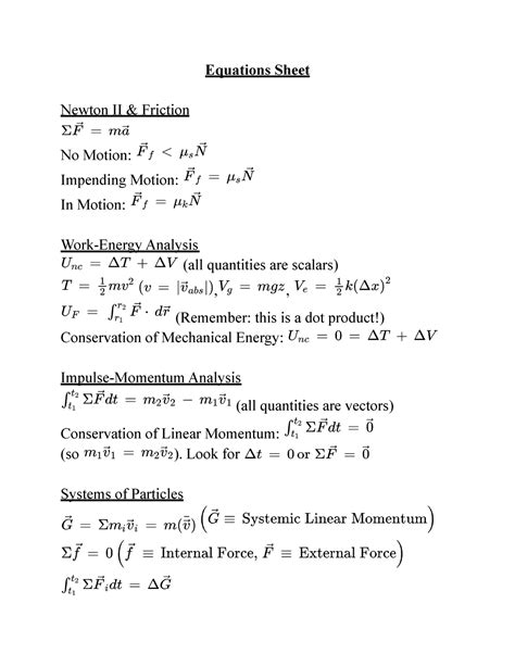 Kinematics And Dynamics Exam 2 Equation Sheet Equations Sheet Newton