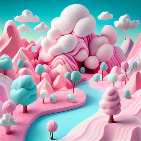 Premium Photo Cotton Candy Landscape Blue And Pink 3d Rendering Fairy