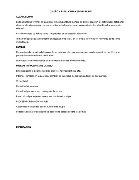 Diseño Y Estructura Empresarial DiseÑo Y Estructura Empresarial Adaptabilidad En La Actualidad