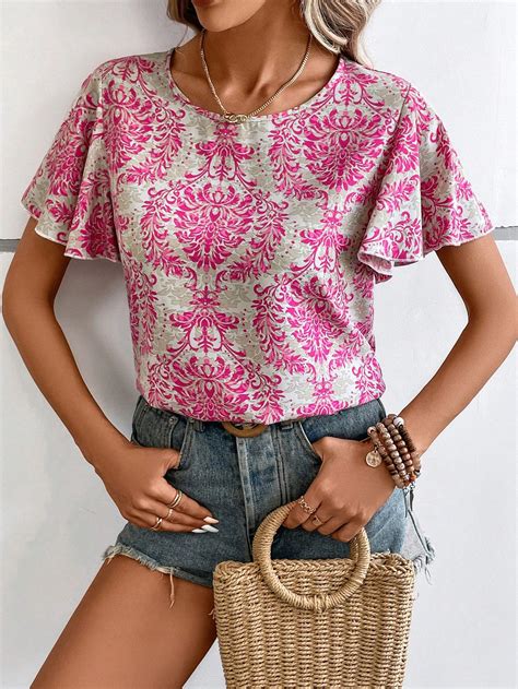 Shein Vcay Allover Print Butterfly Sleeve Blouse Shein Usa