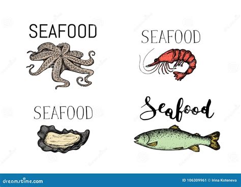 Seafood Vintage Hand Drawn Icon Set Stock Vector Illustration Of