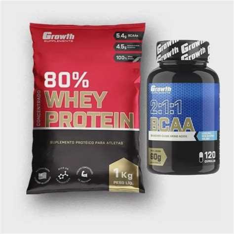 Whey Protein 1Kg Bcaa 120 Caps Growth Supplements em Promoção