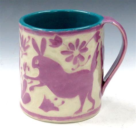 Fantasy Otomi Style Bunnies Mug Lilac Sgraffito Mexicanporcelain Car