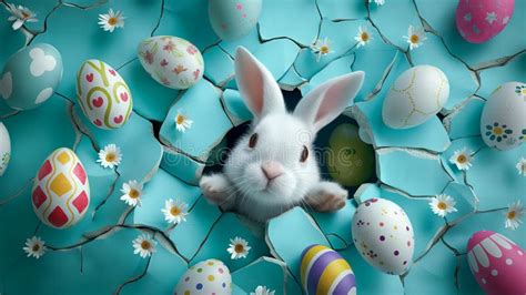 Curious Easter Bunny Peeking Through Hole From Soft Blue Wall With