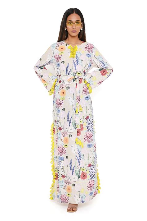 Buy Grey Art Crepe Print Bee Garden Notched Kaftan For Women By Ps Pret By Payal Singhal Online