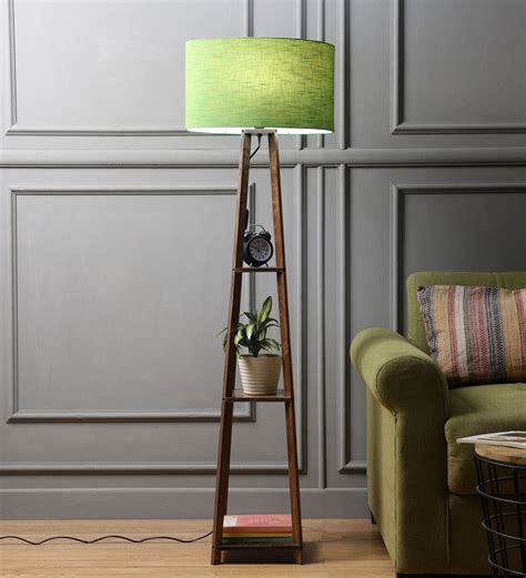 Buy Rectunglas Green Cotton Fabric Shade Shelf Floor Lamp With Wood