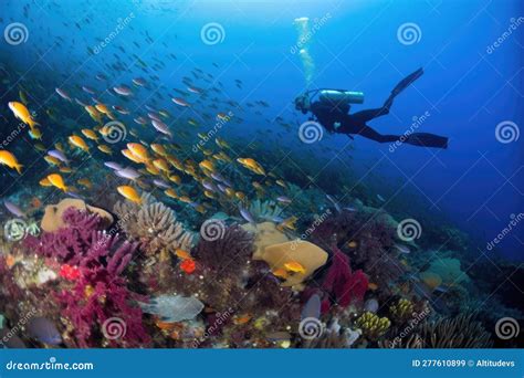 Scuba Diver Swimming Among Schools Of Fish With View Of Colorful Reef