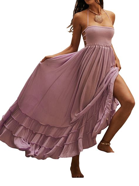 Biekopu Women Halter Neck Long Dress Solid Color Ruffled Pleated Hem