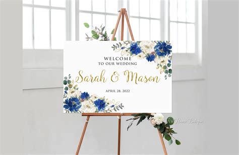 Gold Blue Wedding Welcome Sign Blue Floral Welcome Ign Etsy UK