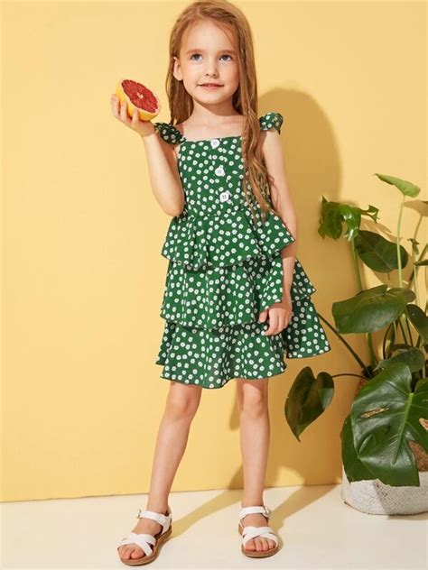 Verde Botão Florzinhas Boho Vestido Infantil Menina Vestido Menina Vestidos Para Crianças