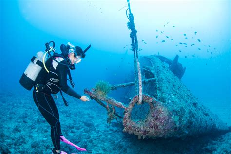 沈没船の全景と人物 エモンズ・uss Emmons 水中写真撮影 空 良太郎