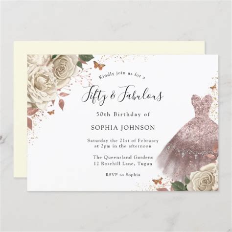 White Roses Rose Gold Sparkle Dress 50th Birthday Invitation