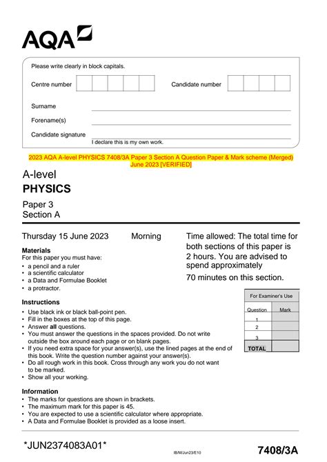 SOLUTION Paper 3a 2023 A Level Aqa Physics 2023 Question Paper And