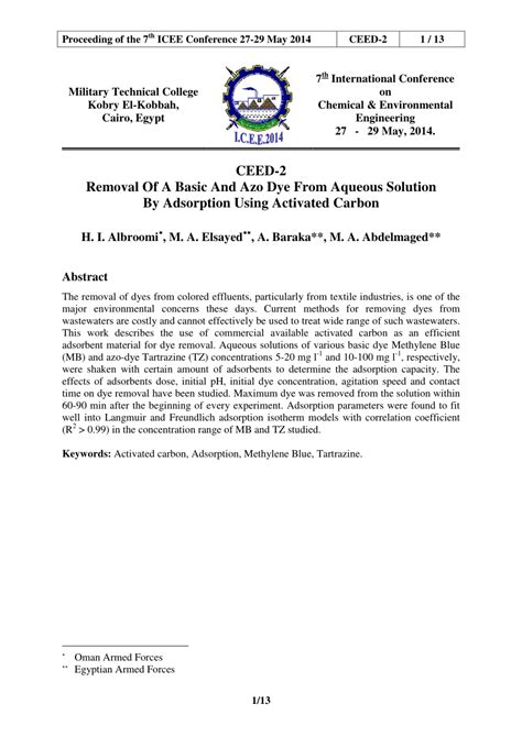 Pdf Removal Of A Basic And Azo Dye From Aqueous Solution By Adsorption Using Activated Carbon