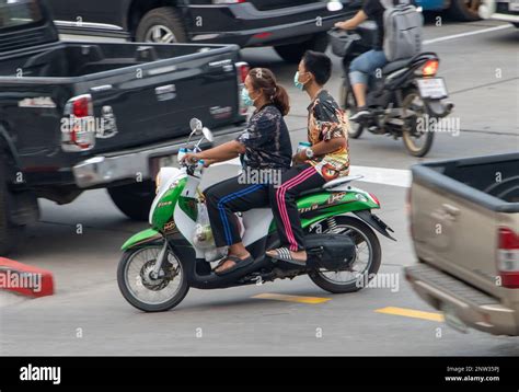 Samut Prakan Thailand Feb A Woman Rides Boy On A Motorcycle