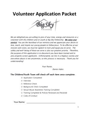 Fillable Online Volunteer Application Packet Big Sky Fellowship Fax