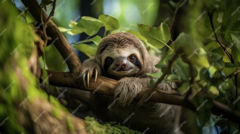 Premium AI Image | Baby sloth hanging on a tree branch in the ...