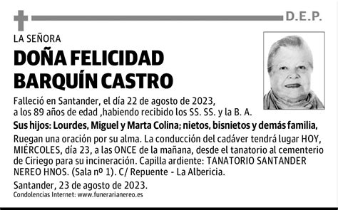 Do A Felicidad Barqu N Castro Esquela El Diario Monta S