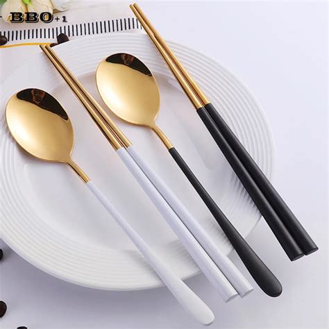 2pcs Set Korean Black Golden Chopsticks And Spoon Set Dinnerware Set