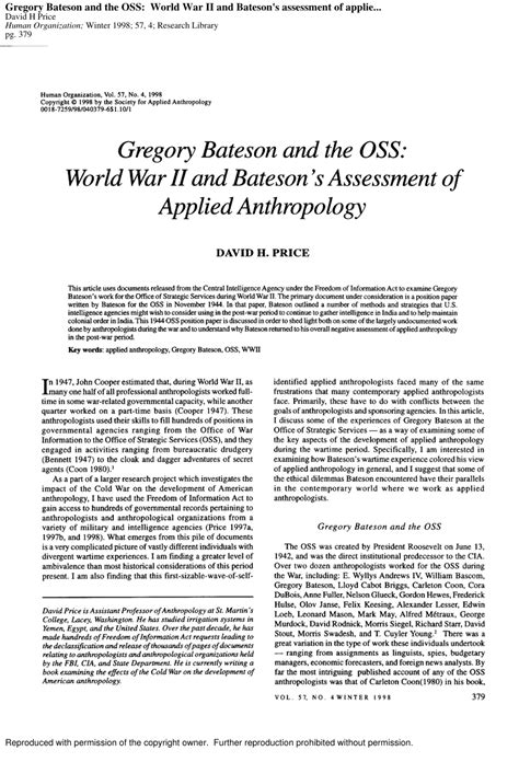 (PDF) Gregory Bateson and the OSS: World War II and Bateson's Assessment of Applied Anthropology