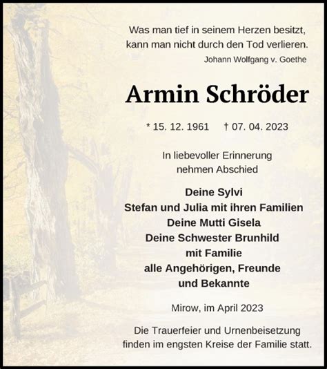 Traueranzeigen Von Armin Schr Der Trauer Nordkurier