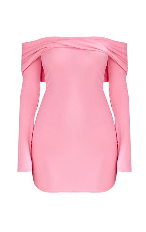 Pink Soft Touch Twist Bardot Bodycon Dress Dresses Prettylittlething