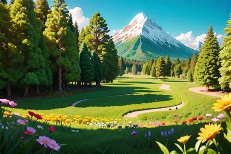 Premium AI Image A Green Field With A Mountain In The Background