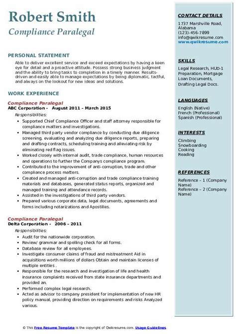 Compliance Paralegal Resume Samples QwikResume