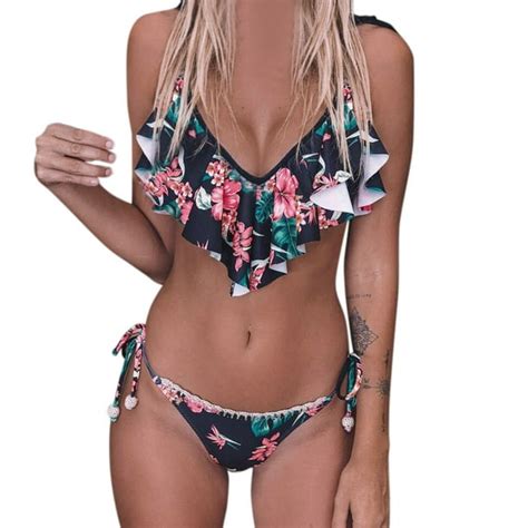 Women Floral Printed Braces Flounce Two Piece Bikini Tankini Swimwear