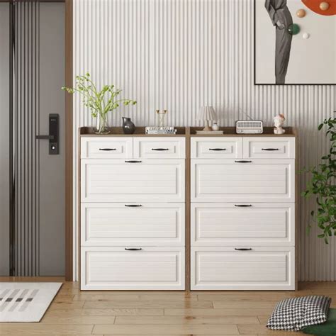 Dropship White +Oak Color Shoe Cabinet With 3 Doors 2 Drawers,PVC Door ...