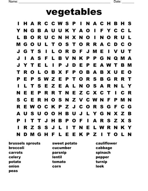 Vegetables Word Search Wordmint