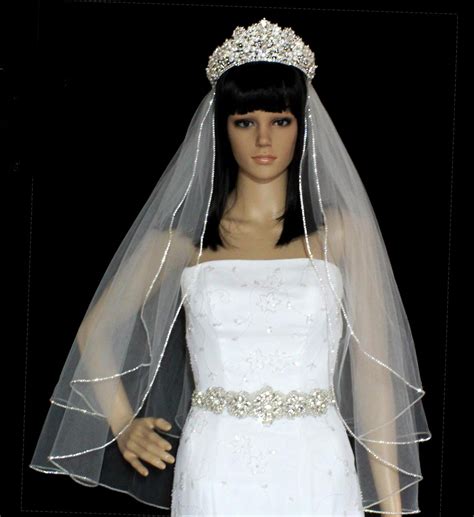 Two Layer Extra Full Rhinestone Edge Fingertip Length Wedding Veil