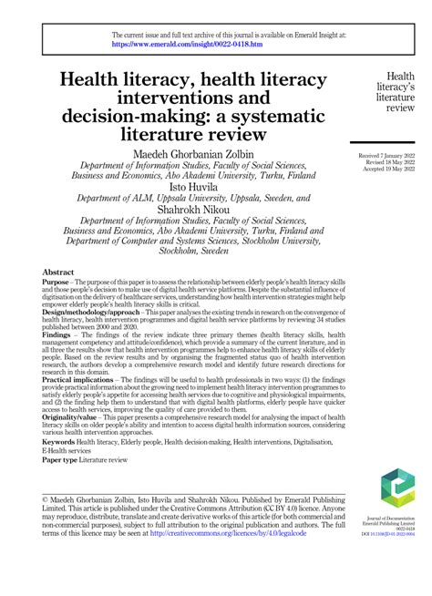 Pdf Health Literacy Health Literacy Interventions And Decision