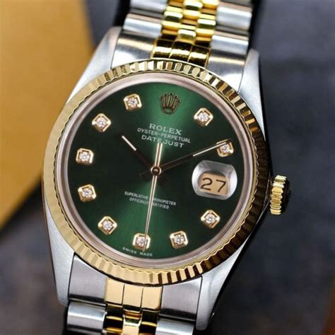 MENS ROLEX DATEJUST WATCH 18KY GOLD STEEL GREEN DIAMOND DIAL 18KY