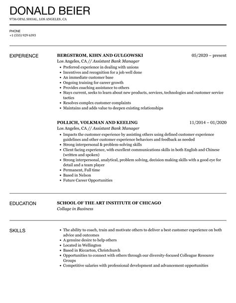 Assistant Bank Manager Resume Samples Velvet Jobs