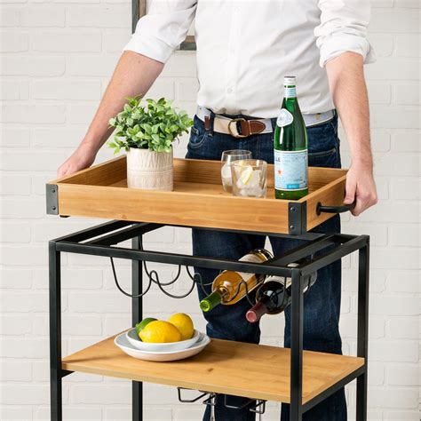 Black/Brown Industrial Bar Cart with Removable Serving Tray