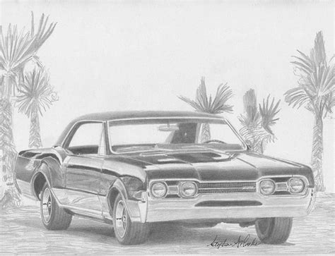 1967 Oldsmobile Cutlass 442 Muscle Car Art Print Drawing By Stephen Rooks