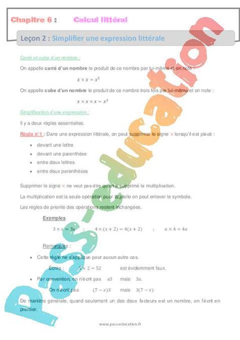 Simplifier Une Expression Littérale 5ème Calcul Littéral Cours