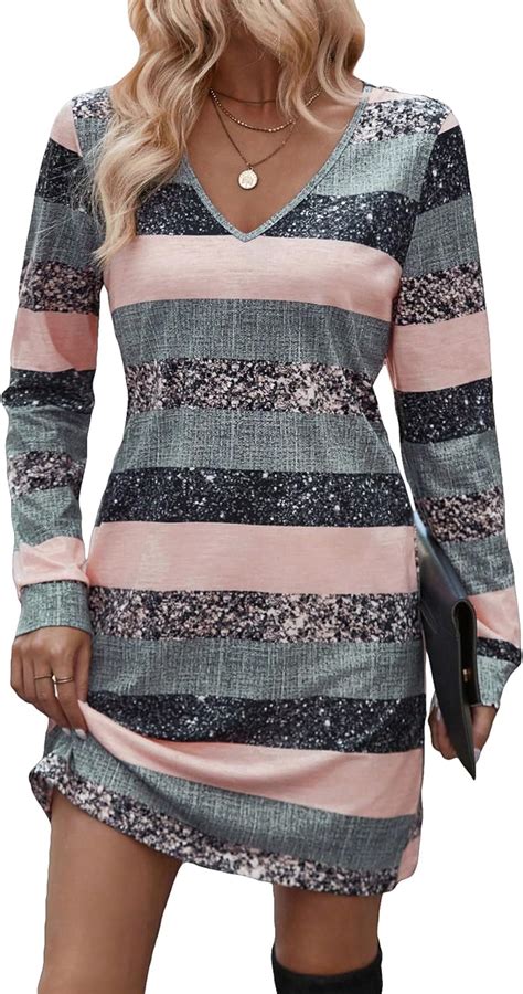 Amazon Cozyease Women S Striped Print Colorblock Tee Dress Long